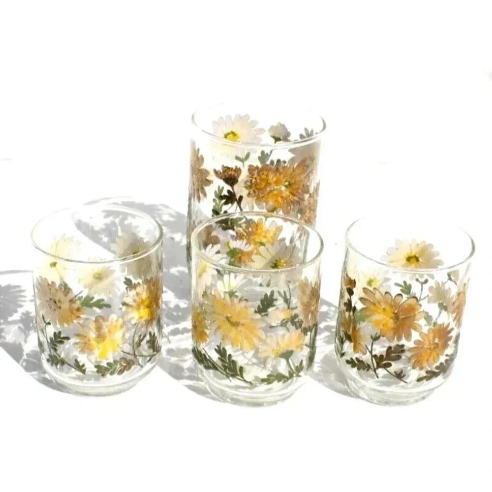 Vintage Lot of 4 MCM Retro Sunflower Tumbler Drinking Glass Set